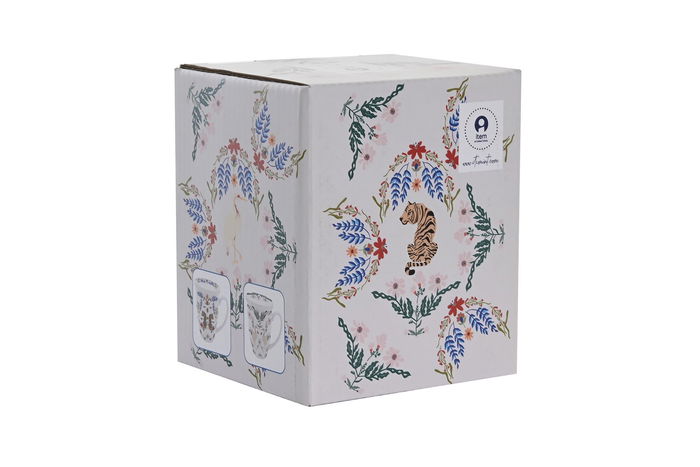 DKD Home Decor Taza Infusiones Moderno Garza y Tigre Multicolor Porcelana 380ml Pack 12 Unidades 9 x 11 x 12 cm