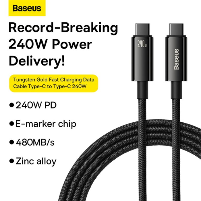 Baseus Cable Tungsten Gold USB-C a USB-C 240W 2m Negro Baseus Cable Tungsten Gold USB-C a USB-C 240W 2m Negro