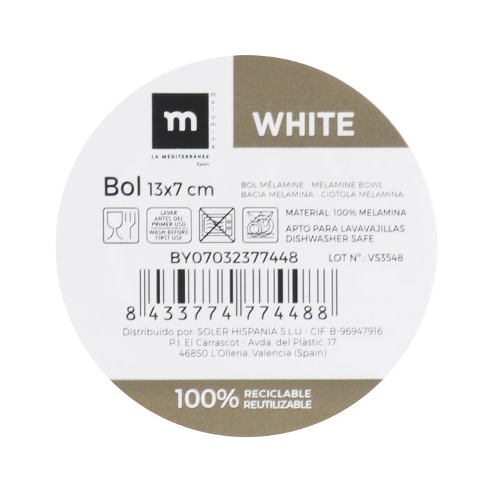 La Mediterranea Bol Melamina Mate White 13 x 7 cm (24 Unidades)