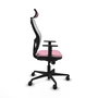 Silla de oficina Jorquera con mecanismo Sincro tapizada con Tela color Rosa y malla color Blanco. Equipada con lumbar 1D, Brazos 1D, Cabecero 2D y Ruedas 65mm nailon
