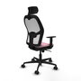 Silla de oficina Jorquera con mecanismo Sincro tapizada con Tela color Rosa y malla color Blanco. Equipada con lumbar 1D, Brazos 1D, Cabecero 2D y Ruedas 65mm nailon