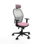 Silla de oficina Jorquera con mecanismo Sincro tapizada con Tela color Rosa y malla color Blanco. Equipada con lumbar 1D, Brazos 1D, Cabecero 2D y Ruedas 65mm nailon