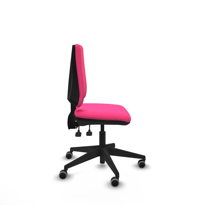 Silla de oficina Elche con mecanismo Asincro tapizada con Similpiel color Rosa. Equipada con Base piramidal negra, Sin brazos y Ruedas 65 mm parqué