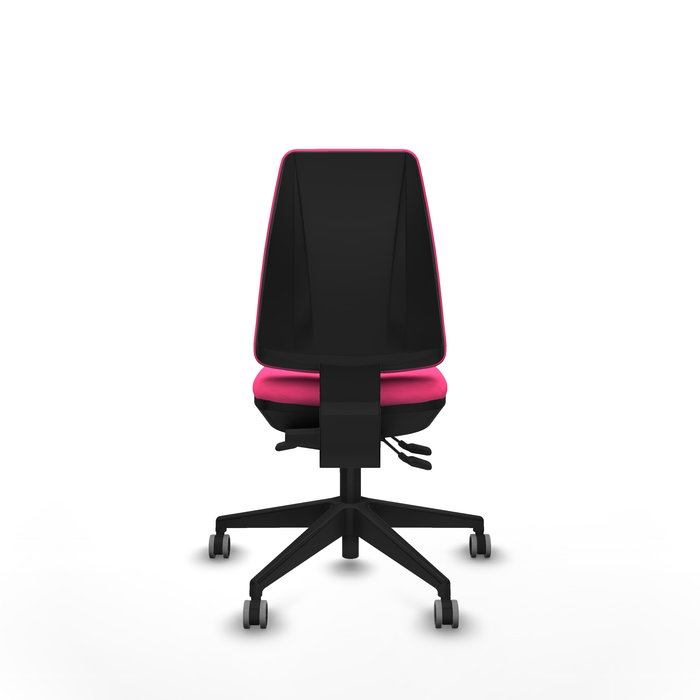 Silla de oficina Elche con mecanismo Asincro tapizada con Similpiel color Rosa. Equipada con Base piramidal negra, Sin brazos y Ruedas 65 mm parqué