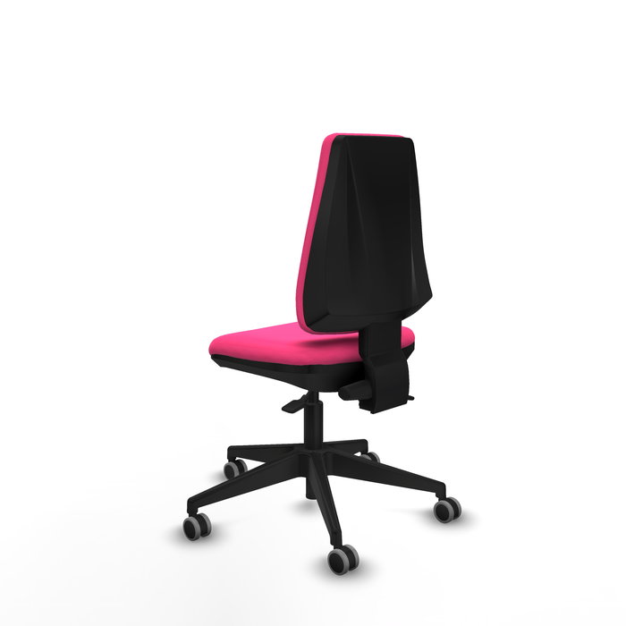 Silla de oficina Elche con mecanismo Asincro tapizada con Similpiel color Rosa. Equipada con Base piramidal negra, Sin brazos y Ruedas 65 mm parqué
