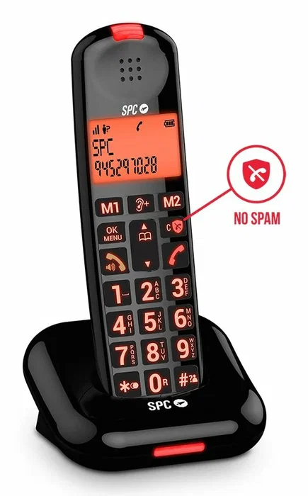 SPC 7612N Comfort Kairo - Teléfono DECT Inalámbrico con Identificador de Llamadas, 5 Funciones Antispam, Manos Libres, Compatible con Audífonos, Amplificador de Volumen, Negro