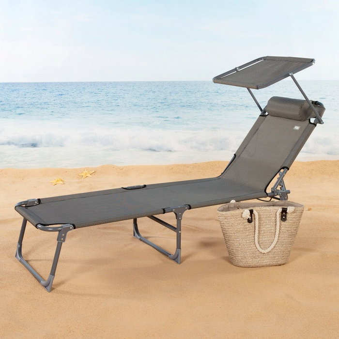 Color Baby Tumbona plegable con parasol textileno gris Aktive 193X53X30/75 cm