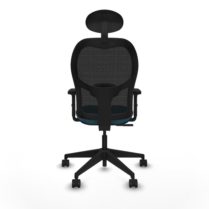 Silla de oficina Alocén con mecanismo Sincro tapizada con Tela color Verde petróleo y malla color Negro. Equipada con lumbar 1D, Brazos 2D, Cabecero Fijo y Ruedas 65mm nailon