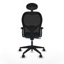 Silla de oficina Alocén con mecanismo Sincro tapizada con Tela color Verde petróleo y malla color Negro. Equipada con lumbar 1D, Brazos 2D, Cabecero Fijo y Ruedas 65mm nailon