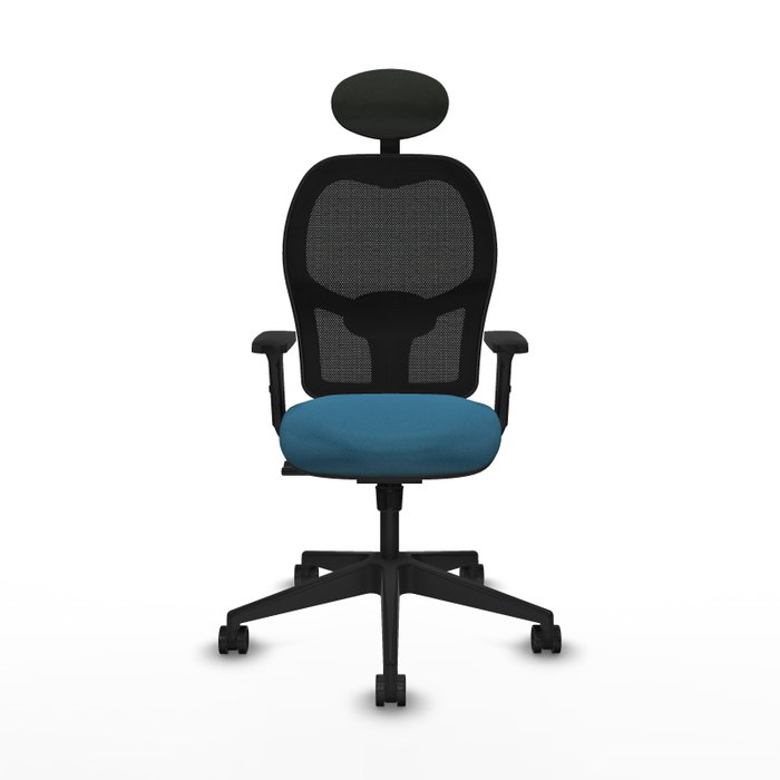Silla de oficina Alocén con mecanismo Sincro tapizada con Tela color Verde petróleo y malla color Negro. Equipada con lumbar 1D, Brazos 2D, Cabecero Fijo y Ruedas 65mm nailon