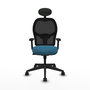 Silla de oficina Alocén con mecanismo Sincro tapizada con Tela color Verde petróleo y malla color Negro. Equipada con lumbar 1D, Brazos 2D, Cabecero Fijo y Ruedas 65mm nailon
