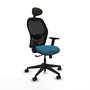 Silla de oficina Alocén con mecanismo Sincro tapizada con Tela color Verde petróleo y malla color Negro. Equipada con lumbar 1D, Brazos 2D, Cabecero Fijo y Ruedas 65mm nailon