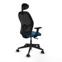 Silla de oficina Alocén con mecanismo Sincro tapizada con Tela color Verde petróleo y malla color Negro. Equipada con lumbar 1D, Brazos 2D, Cabecero Fijo y Ruedas 65mm nailon
