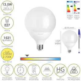 MAURER Bombilla LED Esfera Globo E27 13,5 W Luz Cálida