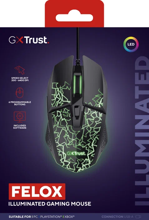 Trust Ratón Gaming GXT 113 Felox, Ergonómico para Mano Derecha, 6 Botones Programables, Óptico 6400 DPI, RGB Multicolor, Cable USB 1.5m, Negro
