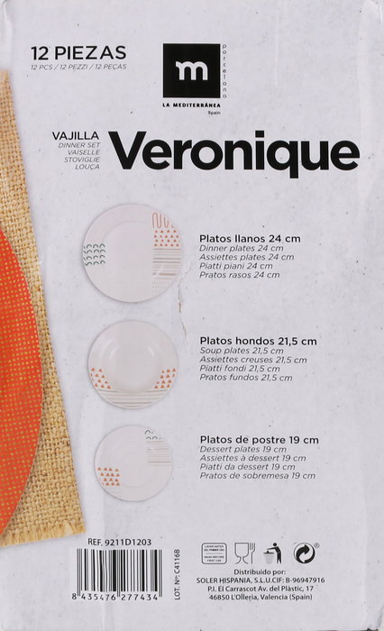 La Mediterranea Vajilla Redonda 12 Piezas "Veronique" MD 25 cm Ancho x 25 cm Largo x 16 cm Alto (2 Unidades)