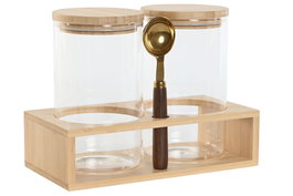 DKD Home Decor Set de 3 Botes de Borosilicato y Bambú
