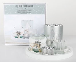 DKD Home Decor Set de 5 Portavelas de Cristal y MDF Plateado