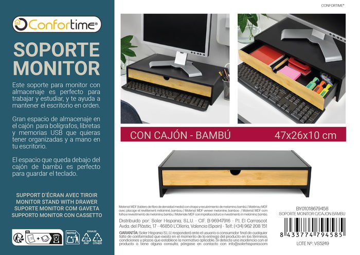 Inde Soporte Monitor Bambú con Cajón Confortime - 26 cm Ancho x 10 cm Alto x 47.4 cm Largo (6 Unidades) Inde Soporte Monitor Bambú con Cajón Confortime - 26 cm Ancho x 10 cm Alto x 47.4 cm Largo (6 Unidades)