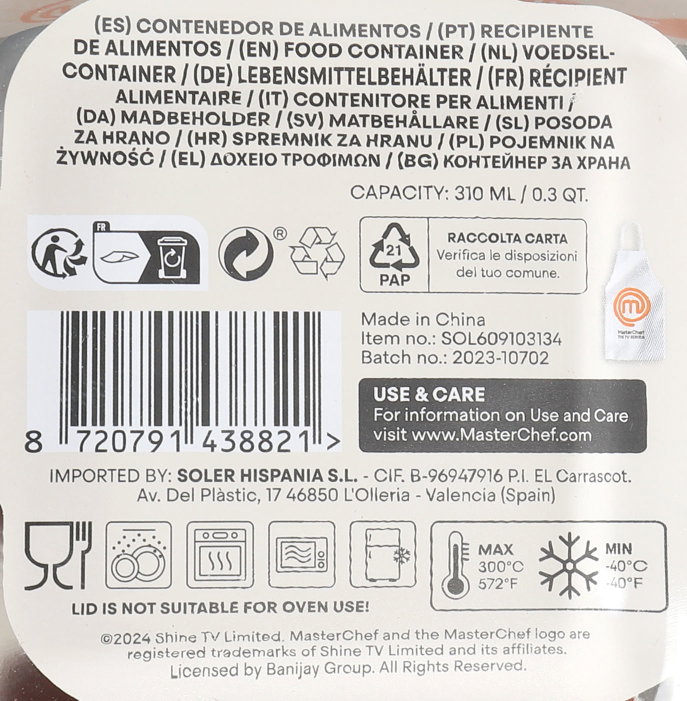 Inde Fiambrera Hermética Cuadrada 310 ml MasterChef 12 x 12 x 5,8 cm (12 Unidades)