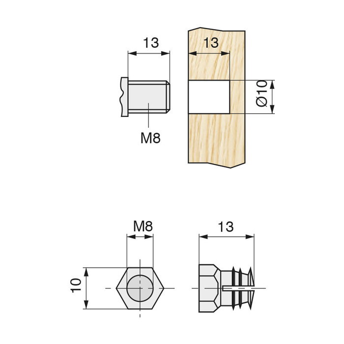 HERRAJES ALK Tuerca Expansible Laton M813SI M8x13 Para Taladro 10Mm Sin Pastilla
