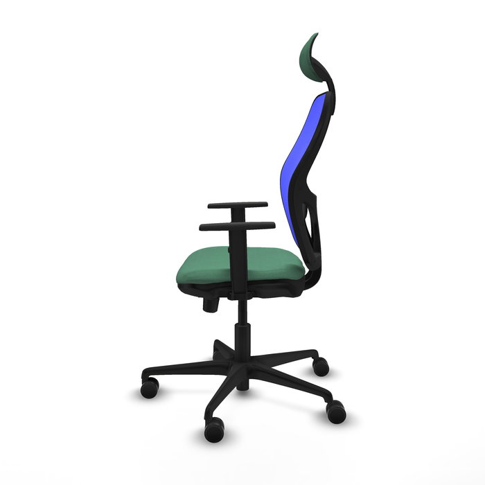 Silla de oficina Jorquera con mecanismo Sincro/Traslack tapizada con Tela color Verde esmeralda y malla color Azul. Equipada con lumbar 1D, Brazos 1D, Cabecero Fijo y Ruedas 65mm nailon Silla de oficina Jorquera con mecanismo Sincro/Traslack tapizada con Tela color Verde esmeralda y malla color Azul. Equipada con lumbar 1D, Brazos 1D, Cabecero Fijo y Ruedas 65mm nailon