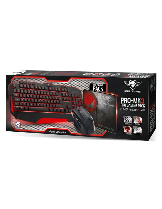 Spirit of Gamer PRO-MK3 Kit Gaming: Teclado Retroiluminado LED Rojo AZERTY 105 Teclas con Anti-Ghosting + Ratón Óptico 3200 DPI 7 Botones + Alfombrilla Skull Spirit