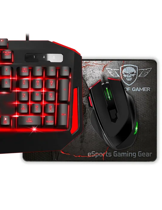 Spirit of Gamer PRO-MK3 Kit Gaming: Teclado Retroiluminado LED Rojo AZERTY 105 Teclas con Anti-Ghosting + Ratón Óptico 3200 DPI 7 Botones + Alfombrilla Skull Spirit