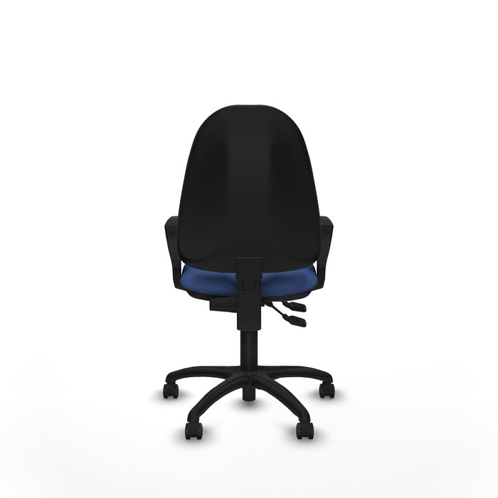 Silla de oficina Algarra con mecanismo Contacto permanente de doble maneta tapizada con Tela color Azul marino. Equipada con Base poliamida negra, Brazos fijos y Ruedas autofrenantes