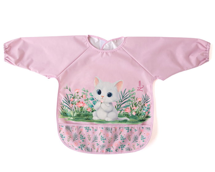 KioKids Babero Impermeable con Mangas Rosa - Cubre Brazos, Bolsillo Recogemigas - para BLW