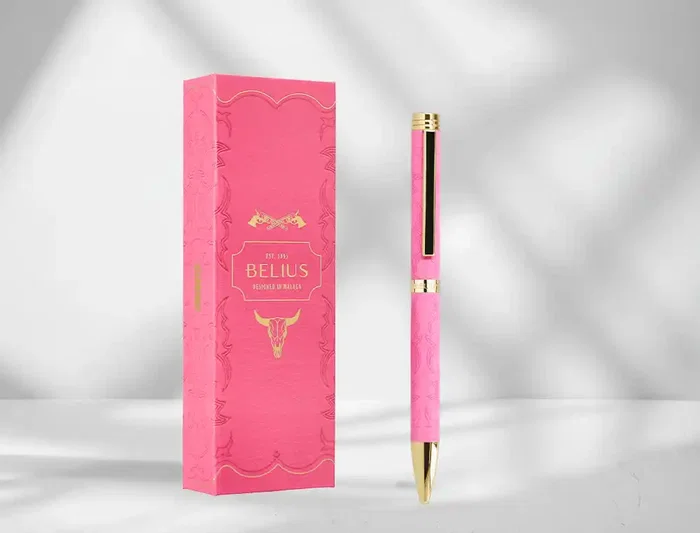 Belius Wild West Bolígrafo de Aluminio Rosa Dorado con Tinta Azul, Punta 1mm, Diseño Inspirado en el Lejano Oeste, Caja de Diseño