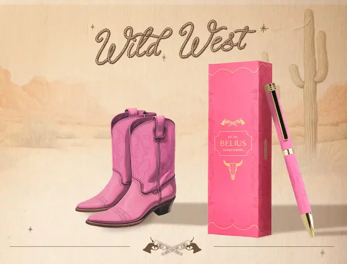 Belius Wild West Bolígrafo de Aluminio Rosa Dorado con Tinta Azul, Punta 1mm, Diseño Inspirado en el Lejano Oeste, Caja de Diseño