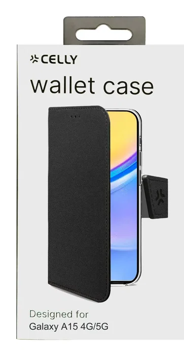 Celly WALLY Funda cartera para Samsung Galaxy A15 5G / A15 4G (6.5") con soporte y bolsillos, imitación piel negro