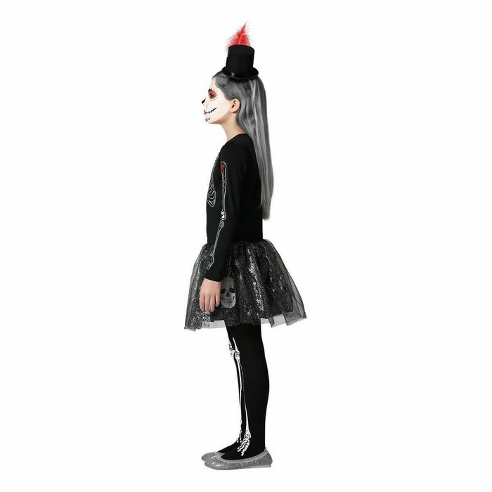 Disfraz Esqueleto Brillante con Falda de Tul y Calaveras para Niña 5-6 Años Disfraz Esqueleto Brillante con Falda de Tul y Calaveras para Niña 5-6 Años