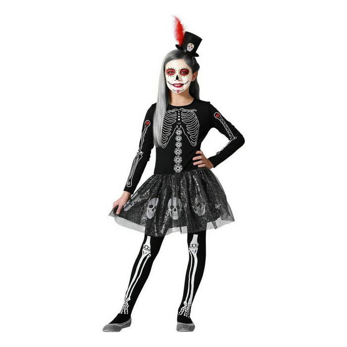 Disfraz Esqueleto Brillante con Falda de Tul y Calaveras para Niña 5-6 Años Disfraz Esqueleto Brillante con Falda de Tul y Calaveras para Niña 5-6 Años