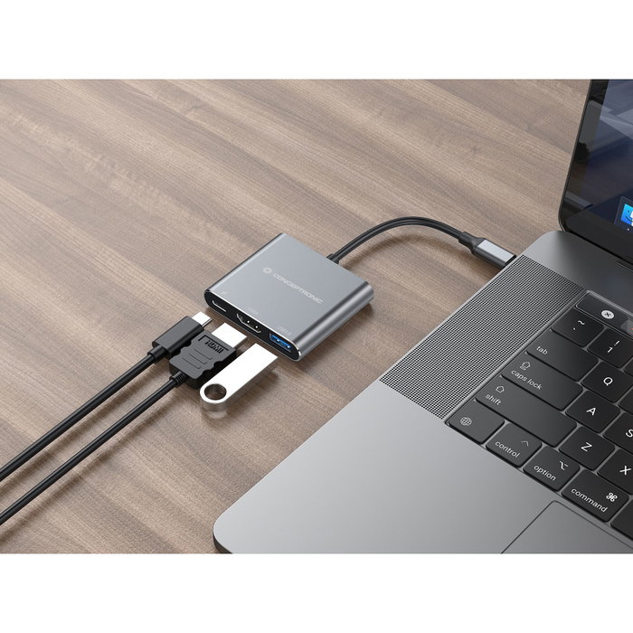 Conceptronic DONN18G Hub USB-C 3 en 1 con HDMI 4K, USB 3.0 y 100W PD Gris