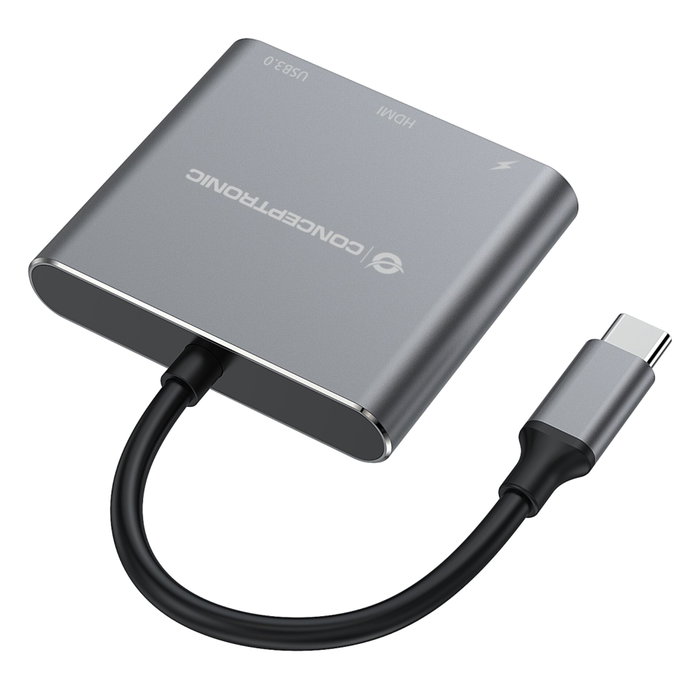 Conceptronic DONN18G Hub USB-C 3 en 1 con HDMI 4K, USB 3.0 y 100W PD Gris