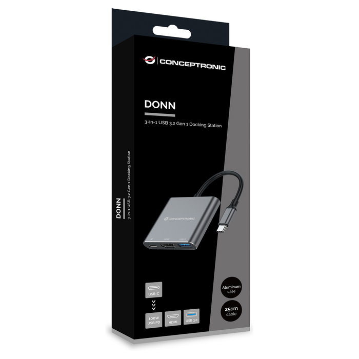 Conceptronic DONN18G Docking Station 3-en-1 USB-C a HDMI, USB 3.0 y USB-C PD 100W, Gris Conceptronic DONN18G Docking Station 3-en-1 USB-C a HDMI, USB 3.0 y USB-C PD 100W, Gris
