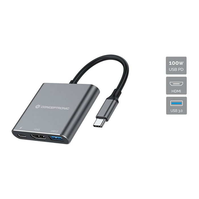 Conceptronic DONN18G Docking Station 3-en-1 USB-C a HDMI, USB 3.0 y USB-C PD 100W, Gris Conceptronic DONN18G Docking Station 3-en-1 USB-C a HDMI, USB 3.0 y USB-C PD 100W, Gris