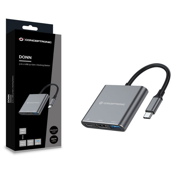 Conceptronic DONN18G Docking Station 3-en-1 USB-C a HDMI, USB 3.0 y USB-C PD 100W, Gris Conceptronic DONN18G Docking Station 3-en-1 USB-C a HDMI, USB 3.0 y USB-C PD 100W, Gris