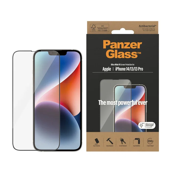 PanzerGlass Protector de Pantalla de Vidrio Templado Ultra-Wide Fit para Apple iPhone 14, iPhone 13, iPhone 13 Pro - Anti-rayones, Anti-huellas, Aplicación en Seco