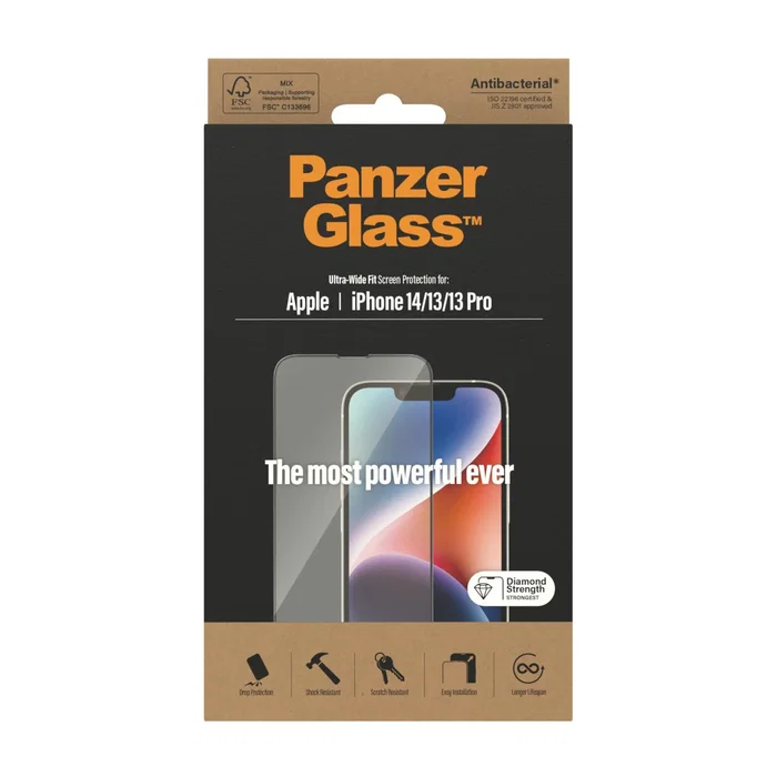 PanzerGlass Protector de Pantalla de Vidrio Templado Ultra-Wide Fit para Apple iPhone 14, iPhone 13, iPhone 13 Pro - Anti-rayones, Anti-huellas, Aplicación en Seco