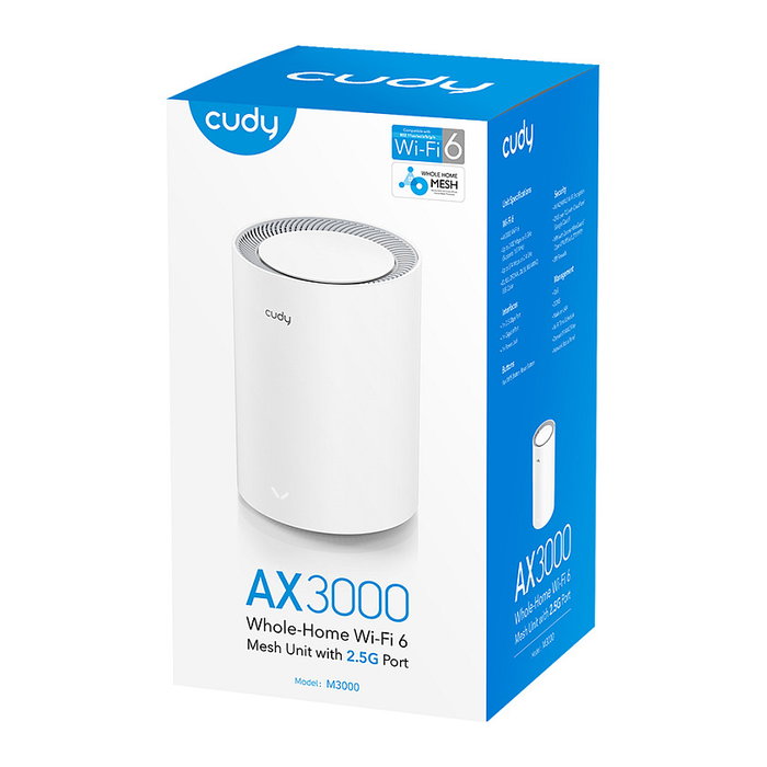 Cudy AX3000 Wi-Fi 6 Mesh 2.5G Solution, Blanco, Doble Banda, 2 Puertos Ethernet, 90 m² Cudy AX3000 Wi-Fi 6 Mesh 2.5G Solution, Blanco, Doble Banda, 2 Puertos Ethernet, 90 m²