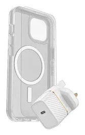OtterBox Kit para Apple iPhone 15 con Funda Symmetry Clear MagSafe y Cargador USB-C 30W Blanco