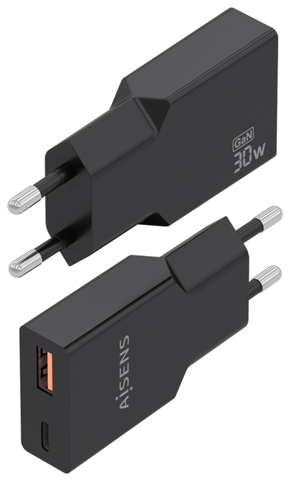 Aisens Cargador GaN Ultra Delgado 30W con USB-C y USB-A, Negro Aisens Cargador GaN Ultra Delgado 30W con USB-C y USB-A, Negro