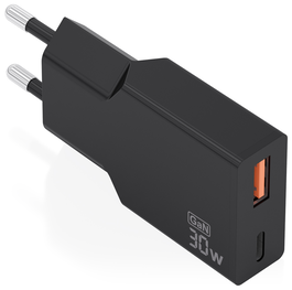 Aisens Cargador GaN Ultra Delgado 30W con USB-C y USB-A, Negro