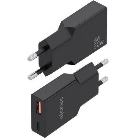 Aisens Cargador de Pared GaN 30W A110-1005 Negro, Ultra Delgado, 1xUSB-C PD3.0 QC4.0 + 1xUSB-A QC3.0, Carga Rápida para Portátil, Móvil, Tablet, Múltiples Protecciones