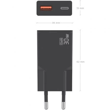 Aisens Cargador de Pared GaN 30W A110-1005 Negro, Ultra Delgado, 1xUSB-C PD3.0 QC4.0 + 1xUSB-A QC3.0, Carga Rápida para Portátil, Móvil, Tablet, Múltiples Protecciones