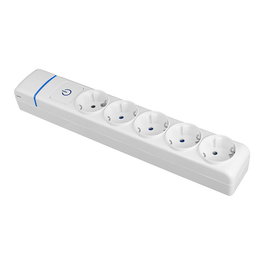 Solera ION Base Múltiple de 5 Tomas 2P+T con Interruptor Luminoso, Blanco/Azul, 250V 16A IP20, Entradas para Mini Canal y Agujeros de Fijación