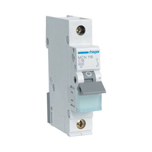 Hager MCN116 Interruptor magnetotérmico 1 polo C-16A 6kA Hager MCN116 Interruptor magnetotérmico 1 polo C-16A 6kA